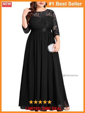 Plus Size Lace Chiffon Maxi Formal Dress 3/4 Sleeve Evening Gown